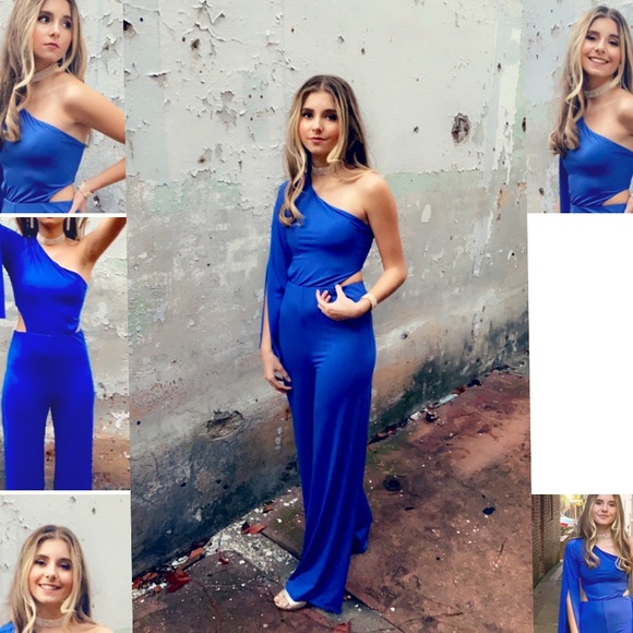 SEXY VENUS BLUE ONE SHOULDER SIDE CUT OUT JUMPSUIT ~ One Shoulder Flowy Romper - Picture 8 of 16